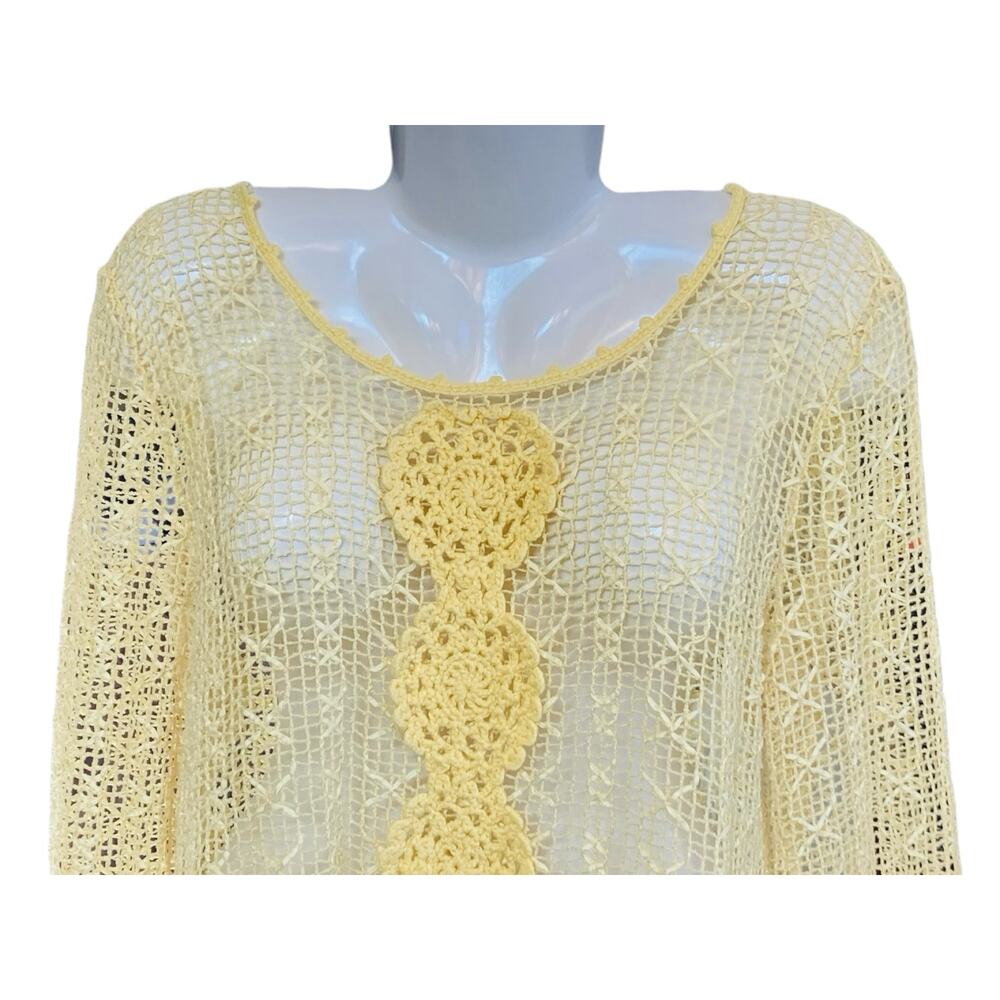Lisa International Women's Canary Yellow 3/4 Sleeve Crochet Sweater | Size Large - Picture 6 of 9